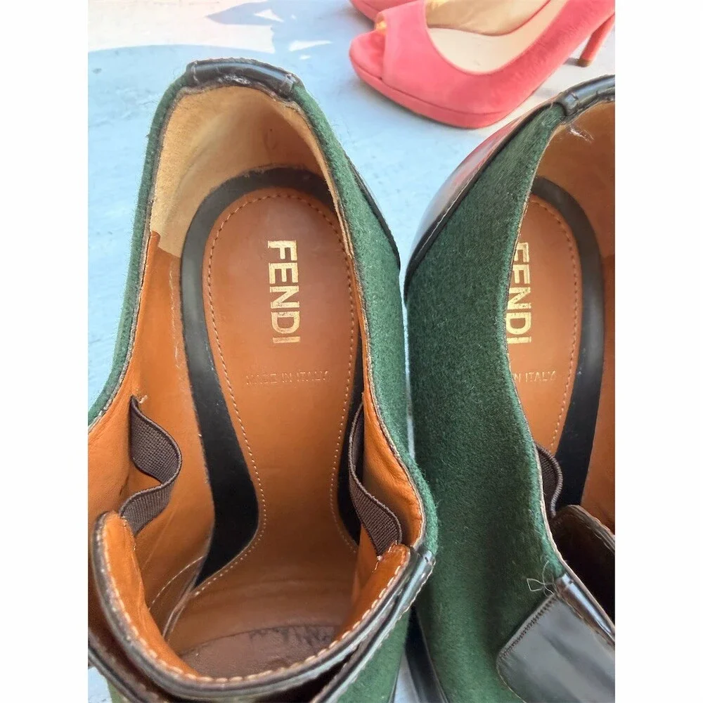 Fendi Platform Pump Heels Womens US 6.5 Green Brown Block Heel Round Toe - Picture 3 of 8